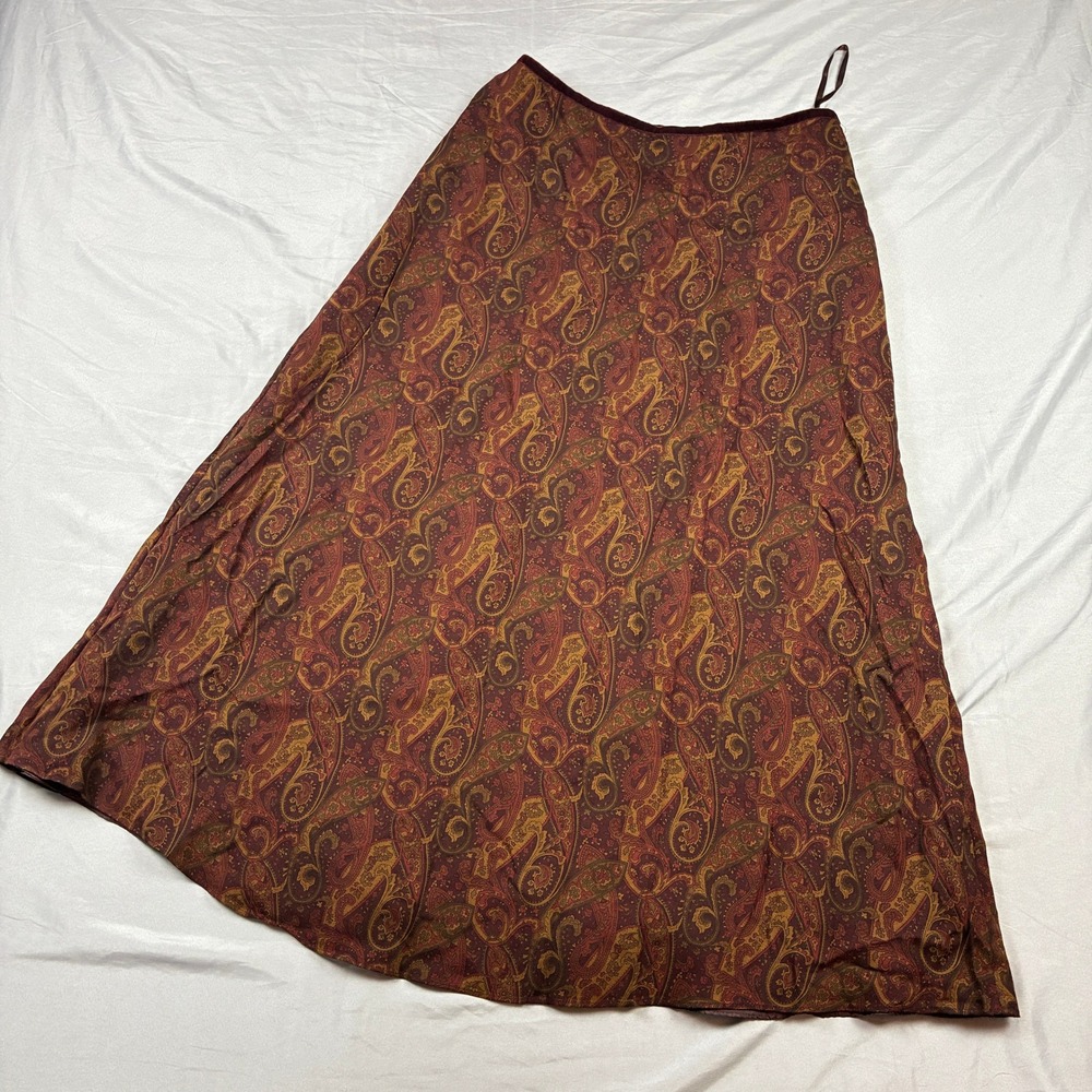 Lauren Ralph Lauren Midi Skirt Womens 12 Burgundy Paisley Wool Blend Velvet Trim